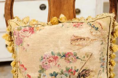 French Early 19th Century Silk and Angora Aubusson Tapestry Pillow with Bust