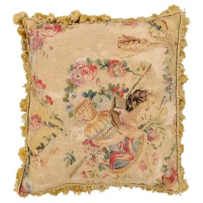 French Early 19th Century Silk and Angora Aubusson Tapestry Pillow with Bust