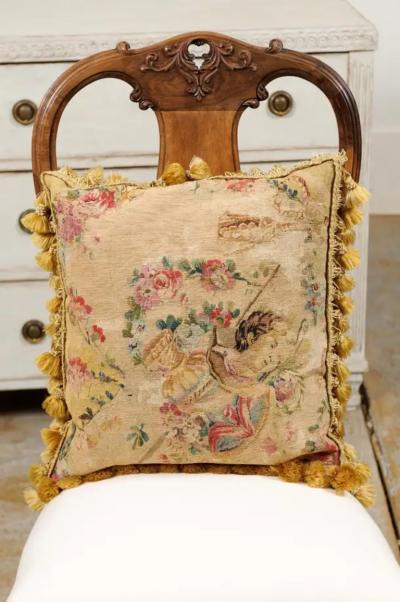 French Early 19th Century Silk and Angora Aubusson Tapestry Pillow with Bust