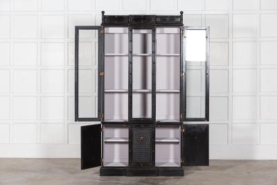 French Ebonised Faux Bamboo Beech Glazed Breakfront Bookcase Vitrine