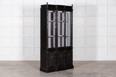 French Ebonised Faux Bamboo Beech Glazed Breakfront Bookcase Vitrine