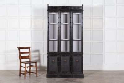 French Ebonised Faux Bamboo Beech Glazed Breakfront Bookcase Vitrine