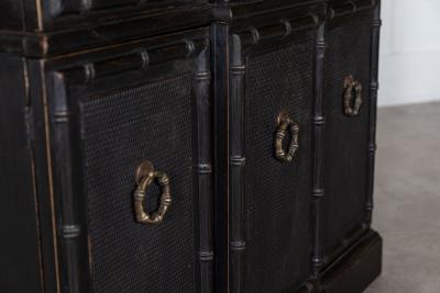 French Ebonised Faux Bamboo Beech Glazed Breakfront Bookcase Vitrine