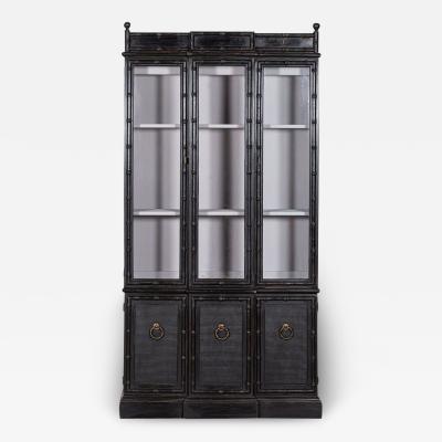 French Ebonised Faux Bamboo Beech Glazed Breakfront Bookcase Vitrine