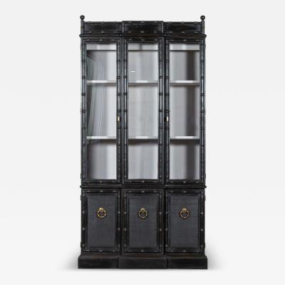 French Ebonised Faux Bamboo Beech Glazed Breakfront Bookcase Vitrine