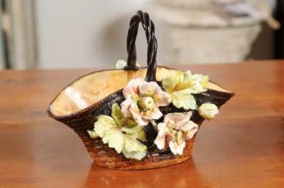 French Ecole de Fontainebleau Barbotine Jardini re Basket with Floral D cor