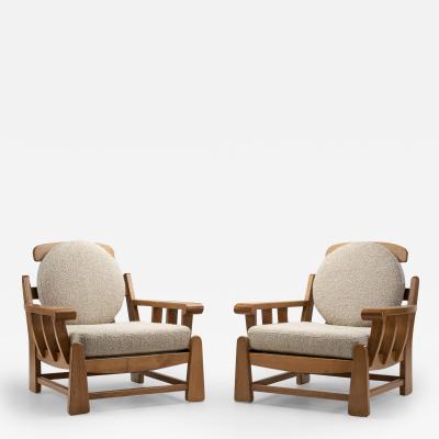 French Elm Wood Lounge Chairs by Maison Regain France 1970s