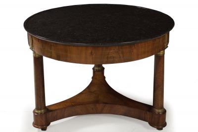 French Empire Antique Burl Walnut Center Table with Black Marble Top circa 1815