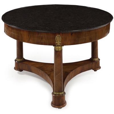 French Empire Antique Burl Walnut Center Table with Black Marble Top circa 1815