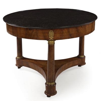 French Empire Antique Burl Walnut Center Table with Black Marble Top circa 1815
