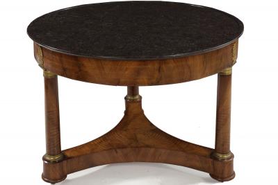 French Empire Antique Burl Walnut Center Table with Black Marble Top circa 1815