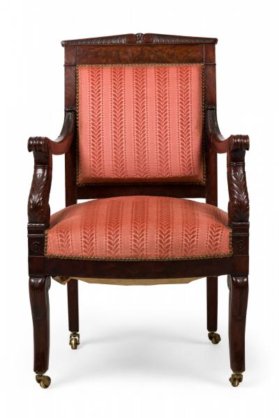 French Empire Armchair with Red Floral Striped Damask Upholstery