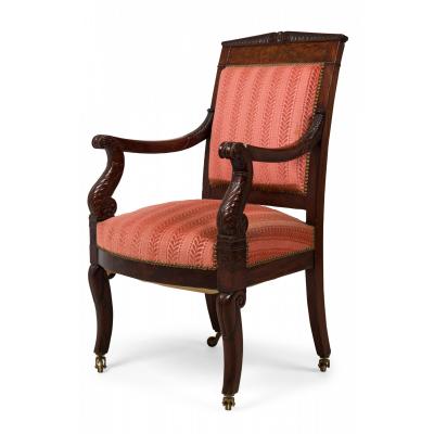French Empire Armchair with Red Floral Striped Damask Upholstery
