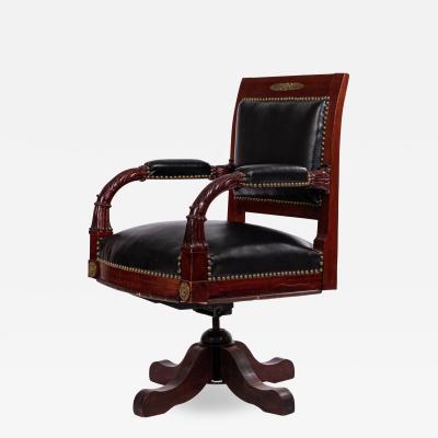 French Empire Black Leather Swivel Chair
