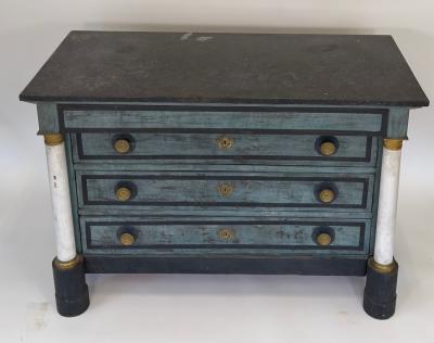 French Empire Blue Painted Commode with Marble Top and Brass Accents Circa 1850