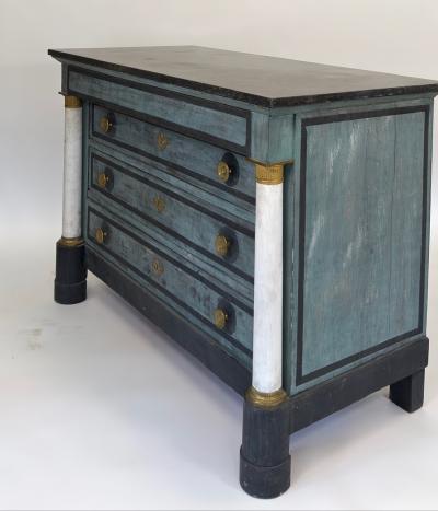 French Empire Blue Painted Commode with Marble Top and Brass Accents Circa 1850
