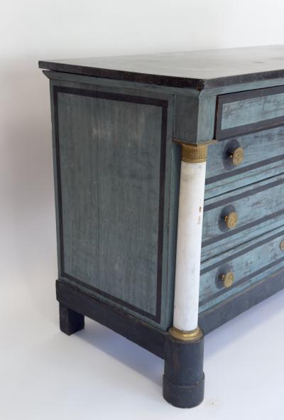 French Empire Blue Painted Commode with Marble Top and Brass Accents Circa 1850