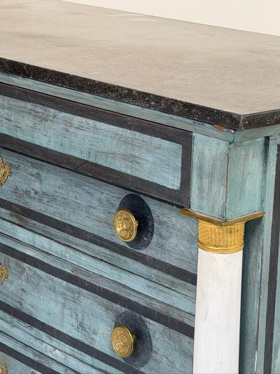 French Empire Blue Painted Commode with Marble Top and Brass Accents Circa 1850
