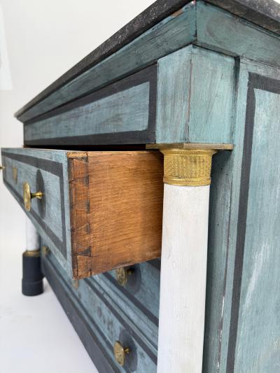 French Empire Blue Painted Commode with Marble Top and Brass Accents Circa 1850