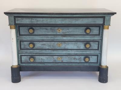 French Empire Blue Painted Commode with Marble Top and Brass Accents Circa 1850