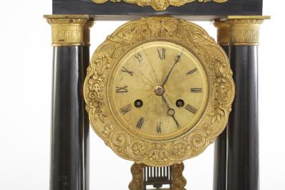 French Empire Portico Black Bronze Table Clock