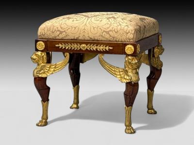 French Empire Revival Bronze Mahogany Fabric Footstool France 19th c 