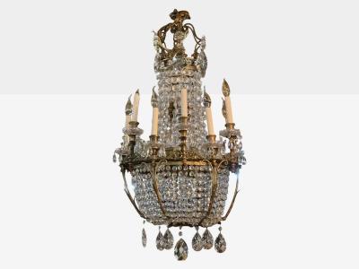 French Empire Thirteen Light Basket Chandelier Bronze Crystal France 19th C