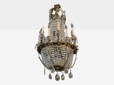 French Empire Thirteen Light Basket Chandelier Bronze Crystal France 19th C