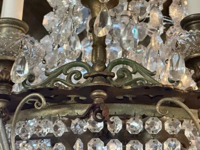 French Empire Thirteen Light Basket Chandelier Bronze Crystal France 19th C