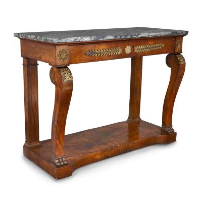 French Empire gilt bronze and mahogany console table