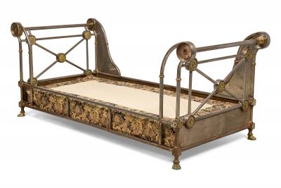 French Empire style 19th Cent steel and bronze trimmed sleigh design daybed