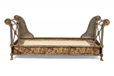 French Empire style 19th Cent steel and bronze trimmed sleigh design daybed