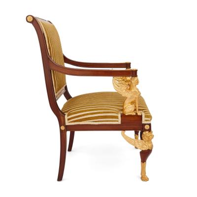 French Empire style gilt bronze and mahogany five piece salon suite