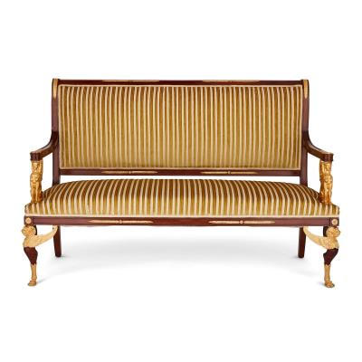French Empire style gilt bronze and mahogany five piece salon suite