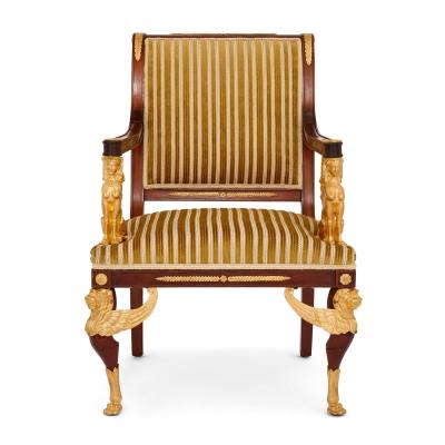 French Empire style gilt bronze and mahogany five piece salon suite