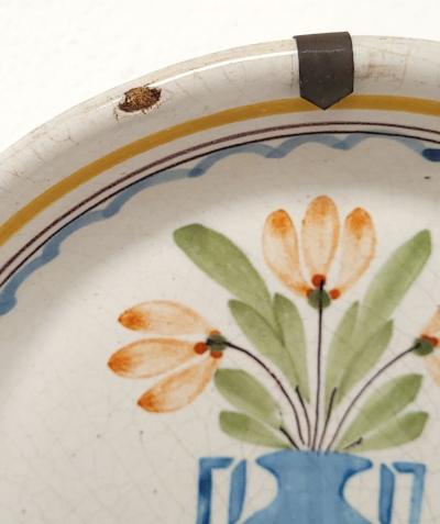 French Fa ence Plate with Vase and Flowers 18th 19th century