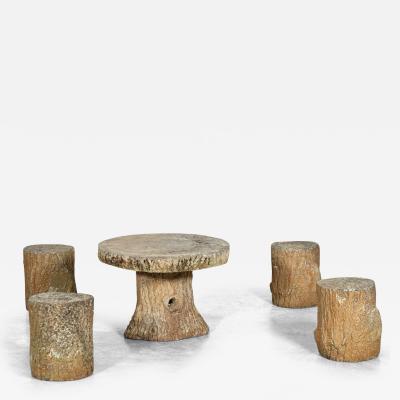 French Faux Bois Stone Garden Table Stools Set