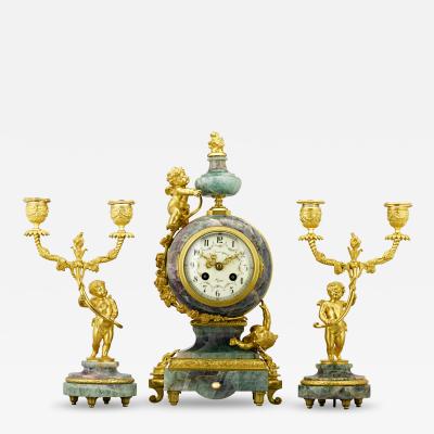 French Fluorspar and Ormolu Clock Garniture