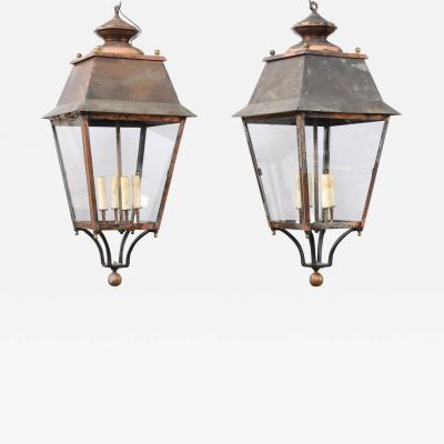 French Four Light Copper and Glass Lanterns Wired for the USA Sold Each