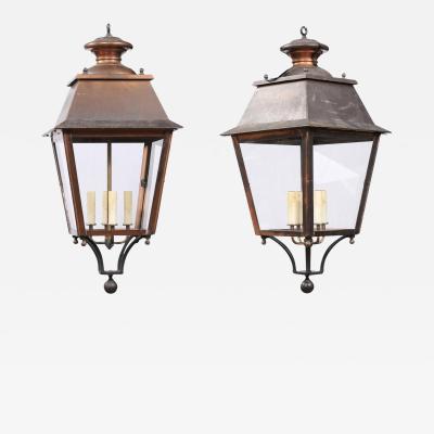 French Four Light Copper and Glass Tapering Lanterns USA Wired Two Priced Each