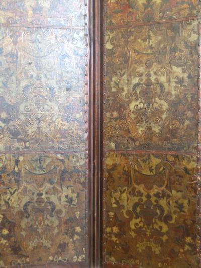 French Four Panel Polychrome Leather Screen