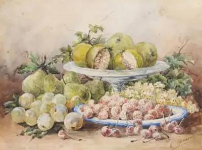 French Framed 19th Century Watercolor Depicting Fruits Signed E Calmant