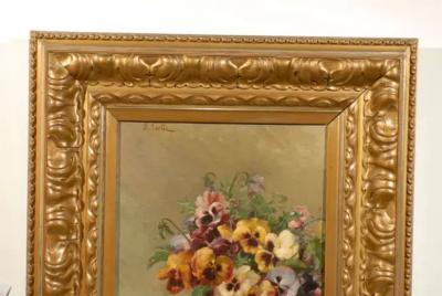 French Framed Oil on Board Still Life Painting Depicting Pansies 19th Century
