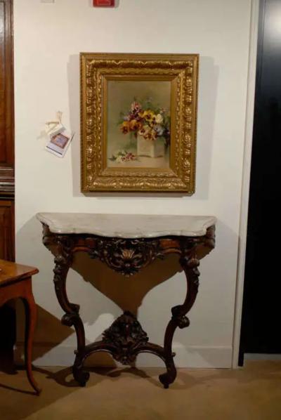 French Framed Oil on Board Still Life Painting Depicting Pansies 19th Century