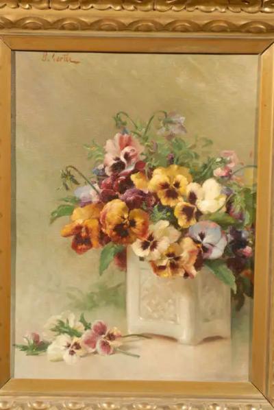 French Framed Oil on Board Still Life Painting Depicting Pansies 19th Century