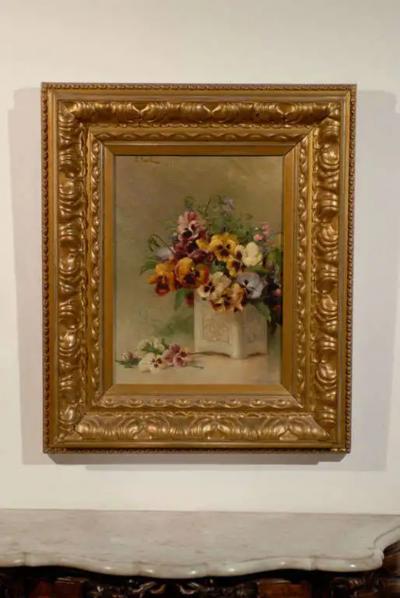 French Framed Oil on Board Still Life Painting Depicting Pansies 19th Century