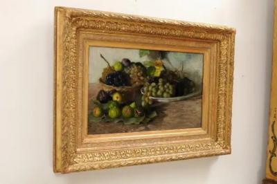 French Framed Oil on Canvas Painting Depicting Grapes and Figs circa 1875