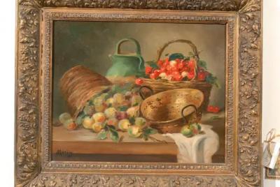 French Framed Oil on Canvas Still Life Painting Signed Morin Depicting Fruits