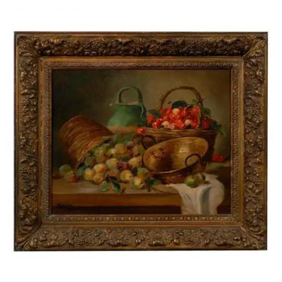 French Framed Oil on Canvas Still Life Painting Signed Morin Depicting Fruits