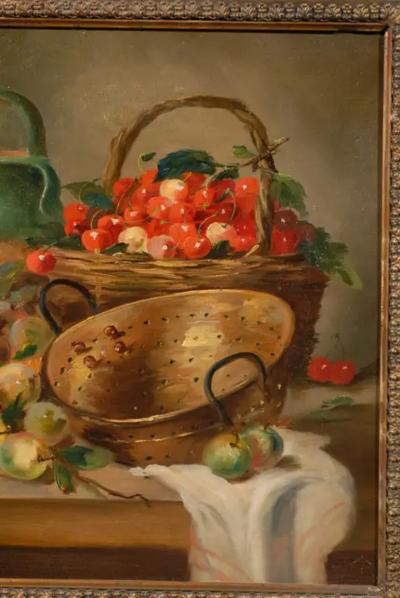 French Framed Oil on Canvas Still Life Painting Signed Morin Depicting Fruits